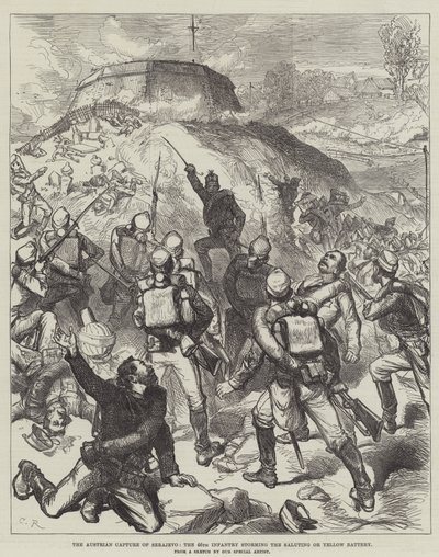 La captura austriaca de Sarajevo, la 46ª Infantería asaltando la Batería de Saludos o Amarilla de Sir John Charles Robinson